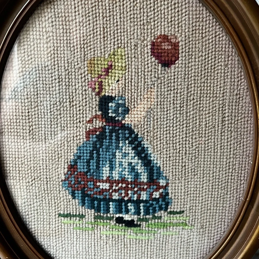 Vintage needle point Wall Art Set of 2 Victorian ladies with flowers